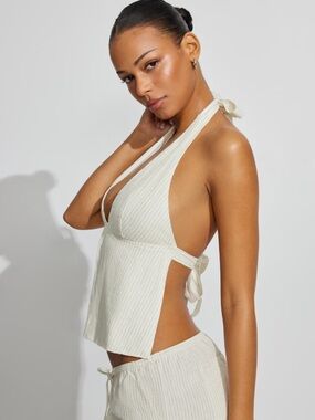GARAGE Linen Halter Top Beige & Cream Stripe Top Tie Back Women’s Size Small NWT